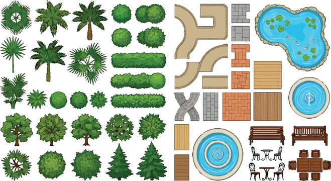 Top view park landscape design elements set with trees bushes paths fountains and outdoor furniture vector illustration
