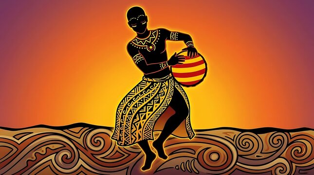 African man playing traditional drum at sunset illustration