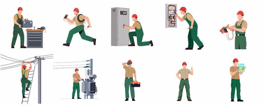 Professional electrician character set in various poses repairing power lines, testing voltage, fixing electrical panels, and working on transformers in flat illustration style.