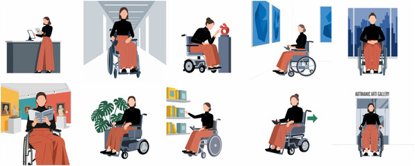 Fototapeta premium Inclusive lifestyle vector illustration set of a woman in a wheelchair visiting an art gallery, library, and working in an office, showcasing accessibility and disabled person empowerment.