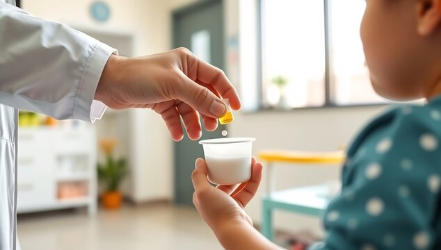 A healthcare professional adding a supplement to a childs milk