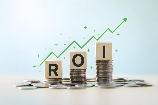 Return on investment concept with ROI letter blocks stacked on coin columns and an upward graph arrow, illustrating financial growth, profit performance, business success, and investment strategy.