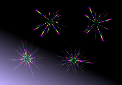 Set of colorful rainbow lens flare star burst elements on dark background