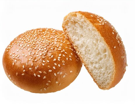 sesame bun for burger top and bottom separated side view isolated transparent round bread topped with sesame seeds cut in half