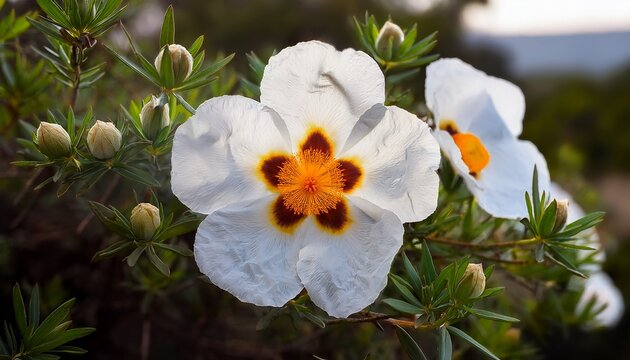 cistus ladanifer or gum rockrose or labdanum or common gum cistus or brown eyed rockrose flowers