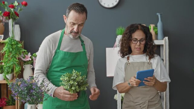 Woman florist and man florist arranging flowers, woman holding tablet and man handling potted plant in studio; teamwork concentration.