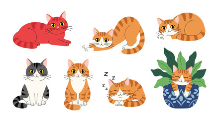 Obraz premium Variety of adorable cartoon cats in different poses including sleeping and sitting for pet lovers and feline fans.