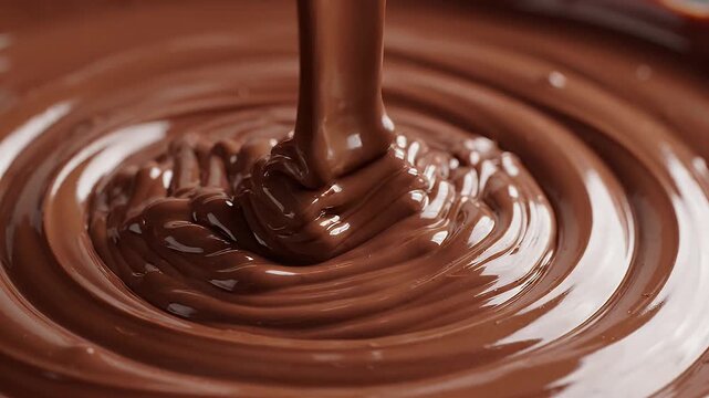 Molten Chocolate Swirl Pouring Closeup - A slow-motion closeup of glossy, molten chocolate being poured, creating swirling patterns on its creamy surface.
