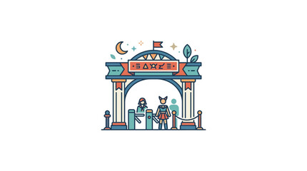 Fototapeta premium Fantasy Theme Park Entrance Gate with Turnstile and Costumed Character