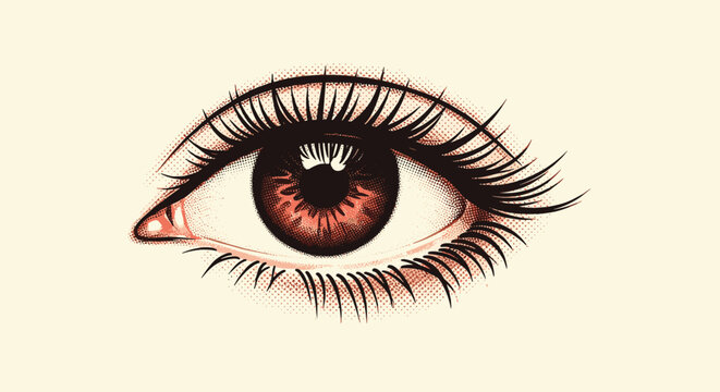 Realistic stippled illustration of a human eye with long lashes and a detailed brown iris on a light background.