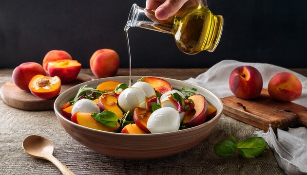 hands drizzling jug of olive oil over mozzarella and nectarine salad in ceramic bowl with ingredients surrounding