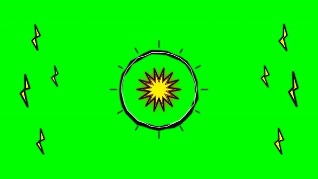 Dynamic motion of a bright yellow sun surrounded by electric sparks on vibrant green background.