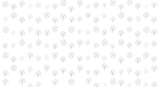 Minimalist seamless pattern of tiny three leaf and four leaf clover outlines representing luck on a white surface area.