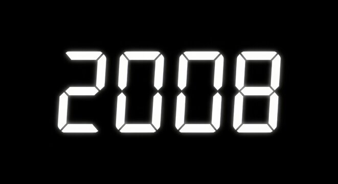 Year 2008 displayed in white digital seven-segment font on a solid black background for retrospective or historical concepts.