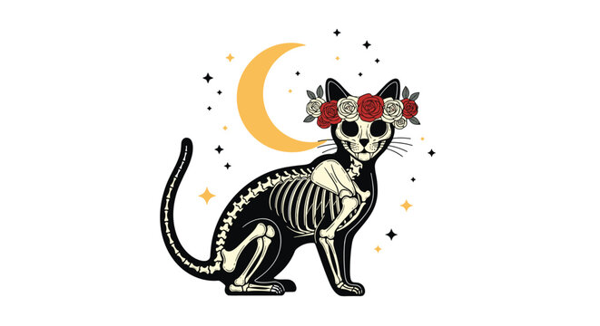 Artistic black skeleton of a cat with a flower crown sitting under a crescent moon and stars for mystical or Halloween themes.