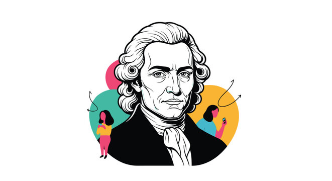Detailed black and white portrait of a historical male figure with a wig and cravat with small modern people in the background.