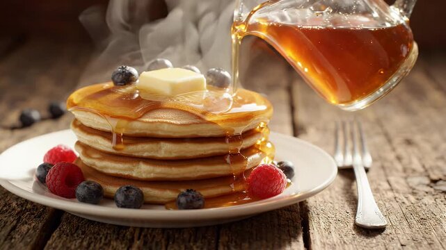 Pouring Maple Syrup on Stacked Pancakes with Butter and Berries - A stack of hot, steaming pancakes is being drizzled with golden maple syrup from a glass pitcher.