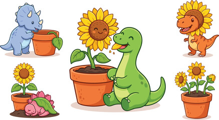 Cute Baby Dinosaur and Sunflower Vector Icon Set Featuring Cartoon Triceratops Brachiosaurus Tyrannosaurus Rex and Stegosaurus in Garden Flower Pots © Ismail