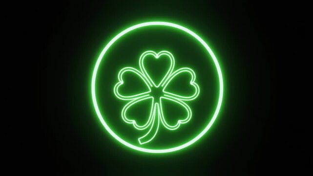 Neon green four‑leaf clover glowing in circular frame, symbolizing luck, fortune, and modern luminous charm.