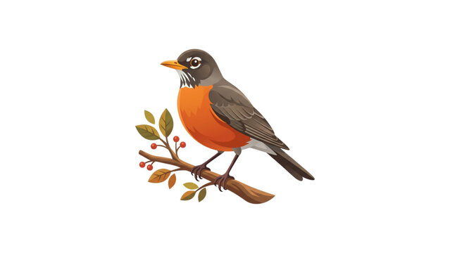 European Robin Bird Sitting on Tree Branch with Berries Watercolor Illustration