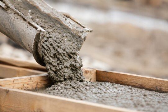 Concrete pouring into wooden formwork at construction site