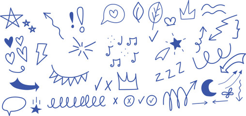 Obraz premium Hand drawn doodle icons set in blue on white background. hand drawn design element set.