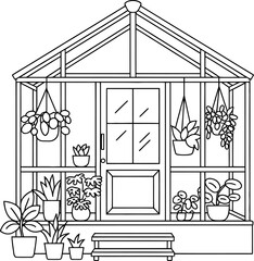 Fototapeta premium A charming greenhouse structure filled with various potted plants and hanging baskets showcasing a delightful