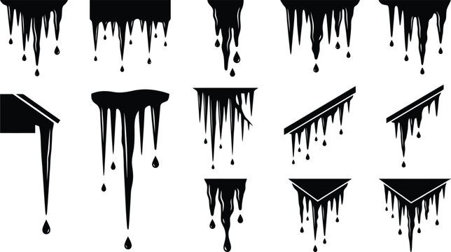 Assortment of fifteen black and white dripping icicle and melting ice graphic elements Keywords: icicle, ice, drip, melt, melting, water, winter, cold, frozen, abstract, graphic, design, element