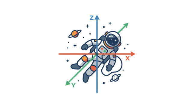 Astronaut floating in space with 3D coordinate system axes