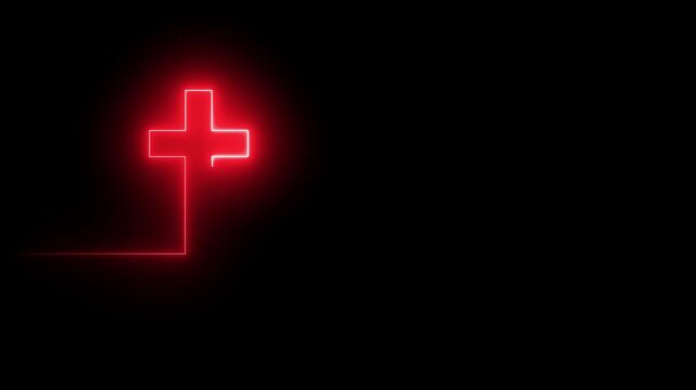 Glowing neon Cross and come and worship text in thin lines style.4k motion graphics video
