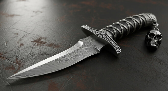 Dark dagger with skull handle on rustic surface