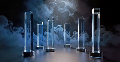 Fototapeta premium Blue glass pillars rising through smoke for futuristic technology presentation. 