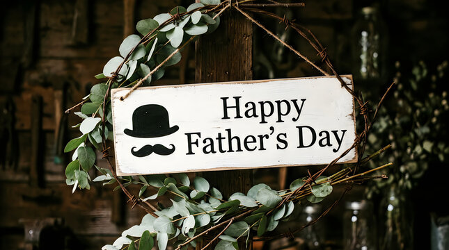 Rustic happy father's day sign with greenery wreath