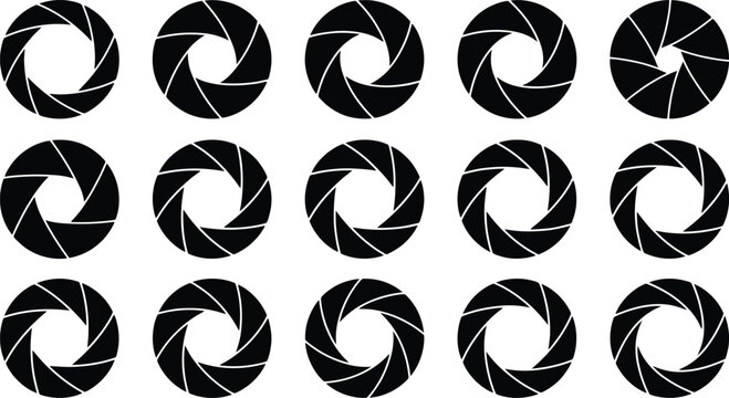 Grid of black camera aperture diaphragm icons on a white background lens photography