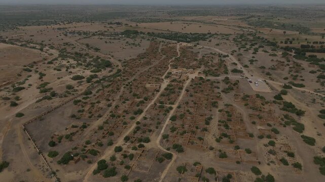 Bird's eye view drone shot of Kuldhara abandoned ghost village in Jaisalmer, Rajasthan