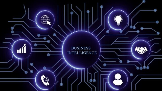 business intelligence concept with circuit lines and digital symbols hovering above a businessman, technology. manufacturing process management all connected in a digital circle like pattern.
