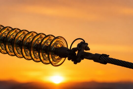 Glass power line insulator glowing in sunset light
