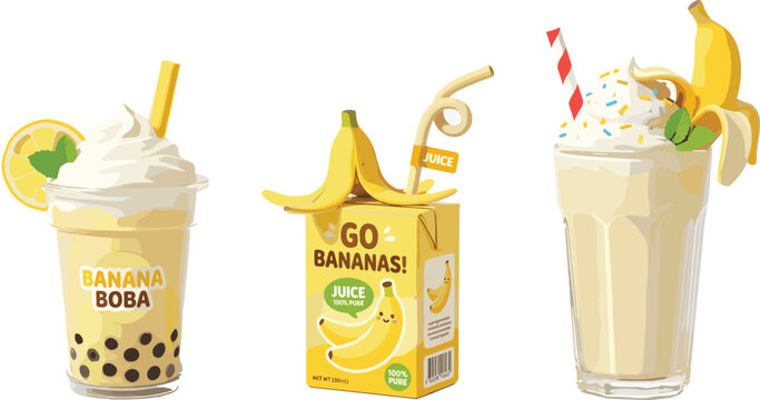 Banana Boba Tea, Juice Box, and Milkshake Vector Set with Whipped Cream and Sprinkles for Cafe Menu and Beverage Designs
