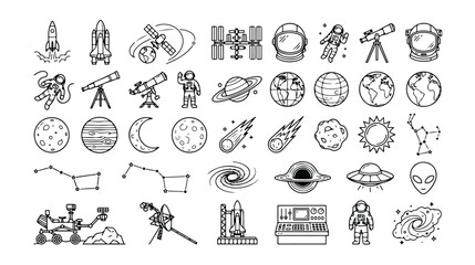 Cosmic exploration vector icon set, space travel and astronomy line art collection, celestial bodies and futuristic spacecraft graphics, 40 editable science and universe elements for digital © Jamie