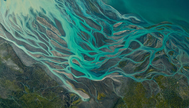 Aerial perspective of turquoise braided river channels meeting deep blue ocean with turquoise landscape sediment geography topography confluence shoreline environment top-down colorful