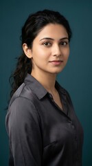 Fototapeta premium Young professional woman with a thoughtful expression looking directly at the camera in a studio portrait.