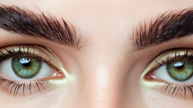 Macro studio shot focusing on striking human eyes. The eyes possess striking green and blue irises. Well-groomed eyebrows frame the eyes with golden-hued eyeshadow and long dark eyelashes.