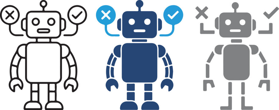 Robot icon set with check mark and cross symbol, hand-drawn vector illustration of AI bot, flat design elements for technology, engineering and UI, PNG.