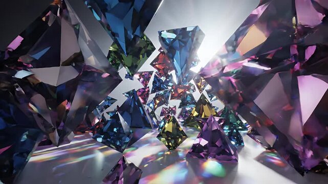 Abstract Geometric Crystal Formation - A vibrant 3D animation showcasing multicolored triangular and prism shapes that resemble geometric crystals.