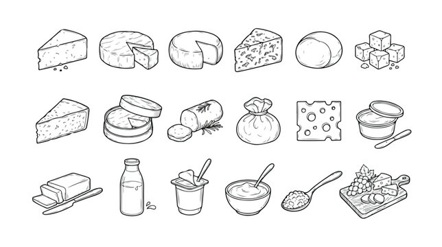Dairy products hand-drawn vector icon set, various cheese types and milk products, black and white line art illustration for food packaging and menus