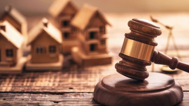 The image shows a gavel and miniature house models, symbolizing legal aspects of real estate, housing law, property disputes. The setting conveys themes of legal judgements and ownership.