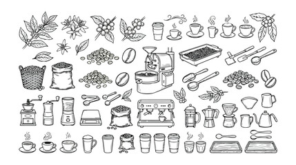 Coffee production and preparation vector icon set, hand-drawn black and white illustrations of coffee beans, plants, brewing equipment, and hot beverages © Jamie
