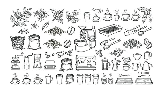 Coffee production and preparation vector icon set, hand-drawn black and white illustrations of coffee beans, plants, brewing equipment, and hot beverages
