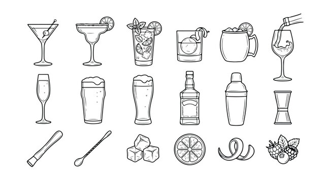 Cocktail bar drinks and mixology tools, a comprehensive vector icon set for beverage menus and bar branding, featuring various alcoholic drinks and bartending equipment