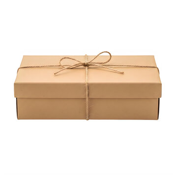 A simple rectangular cardboard gift box tied with a rustic brown twine string for a natural eco friendly look